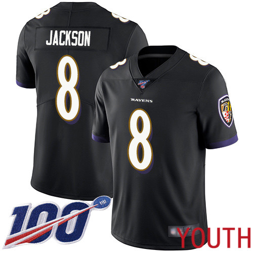 Baltimore Ravens Limited Black Youth Lamar Jackson Alternate Jersey NFL Football #8 100th Season Vapor Untouchable->youth nfl jersey->Youth Jersey